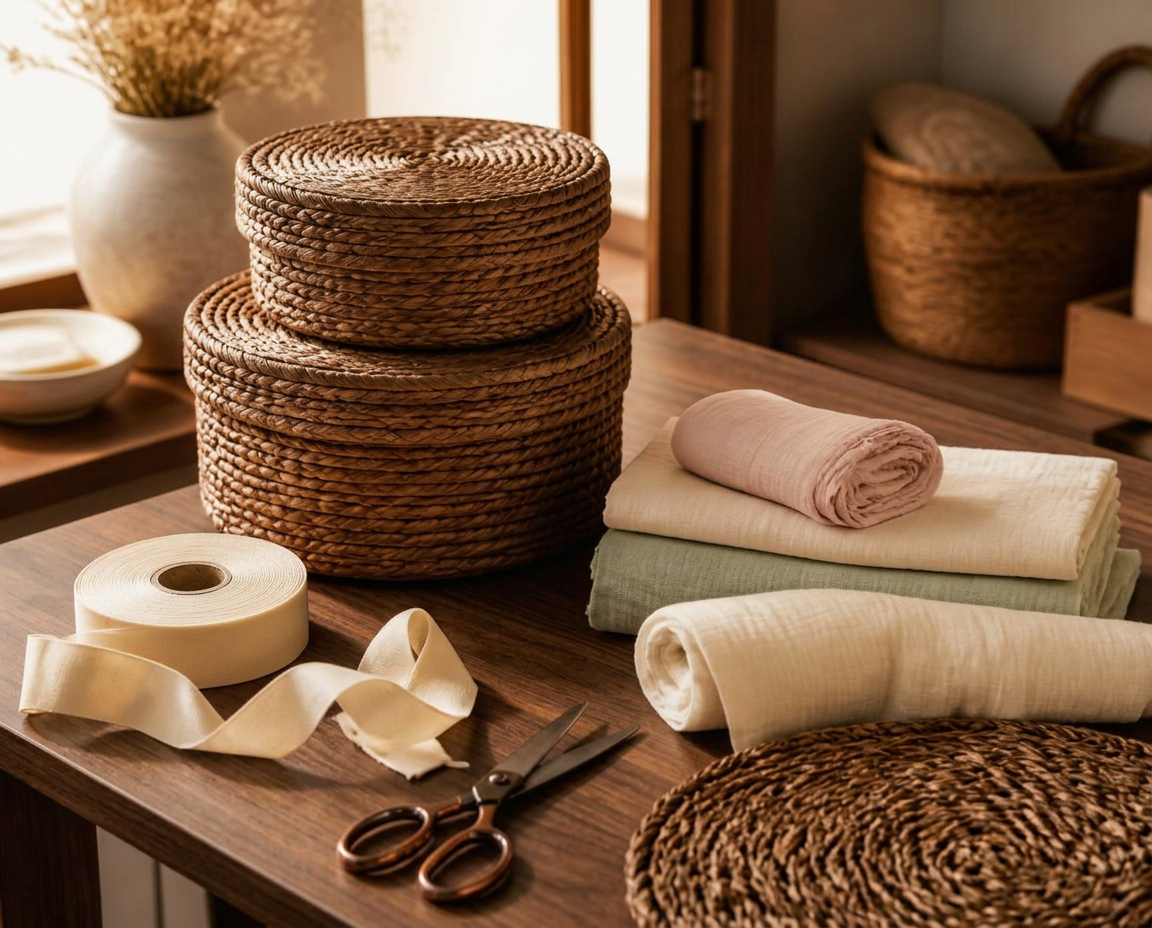 Our studio packing table: gift boxes, ivory ribbon, scissors and folded blankets