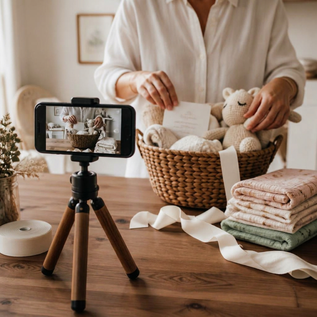 Phone on a tripod filming a gift box being packed with a blanket and a plush bunny