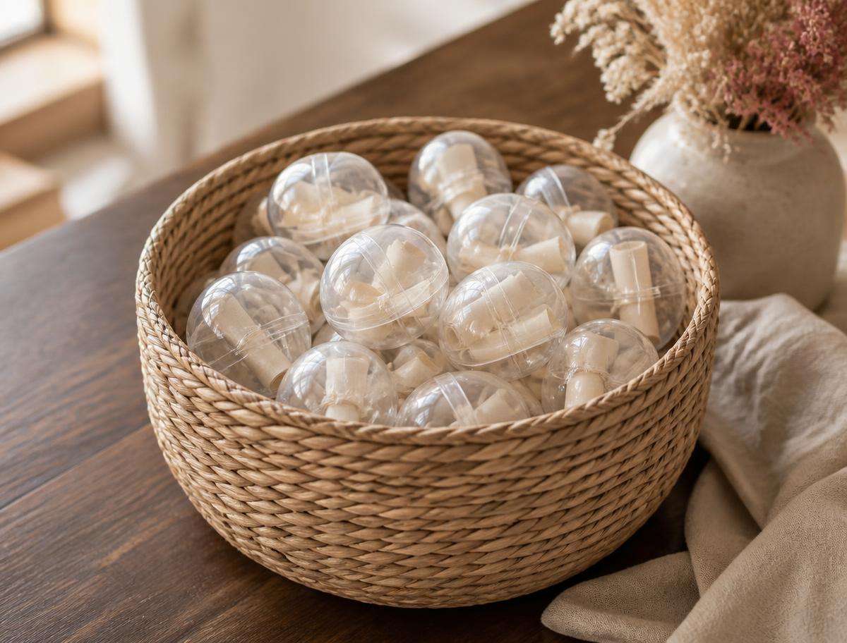 Woven basket filled with clear gumball-machine capsules on a walnut table