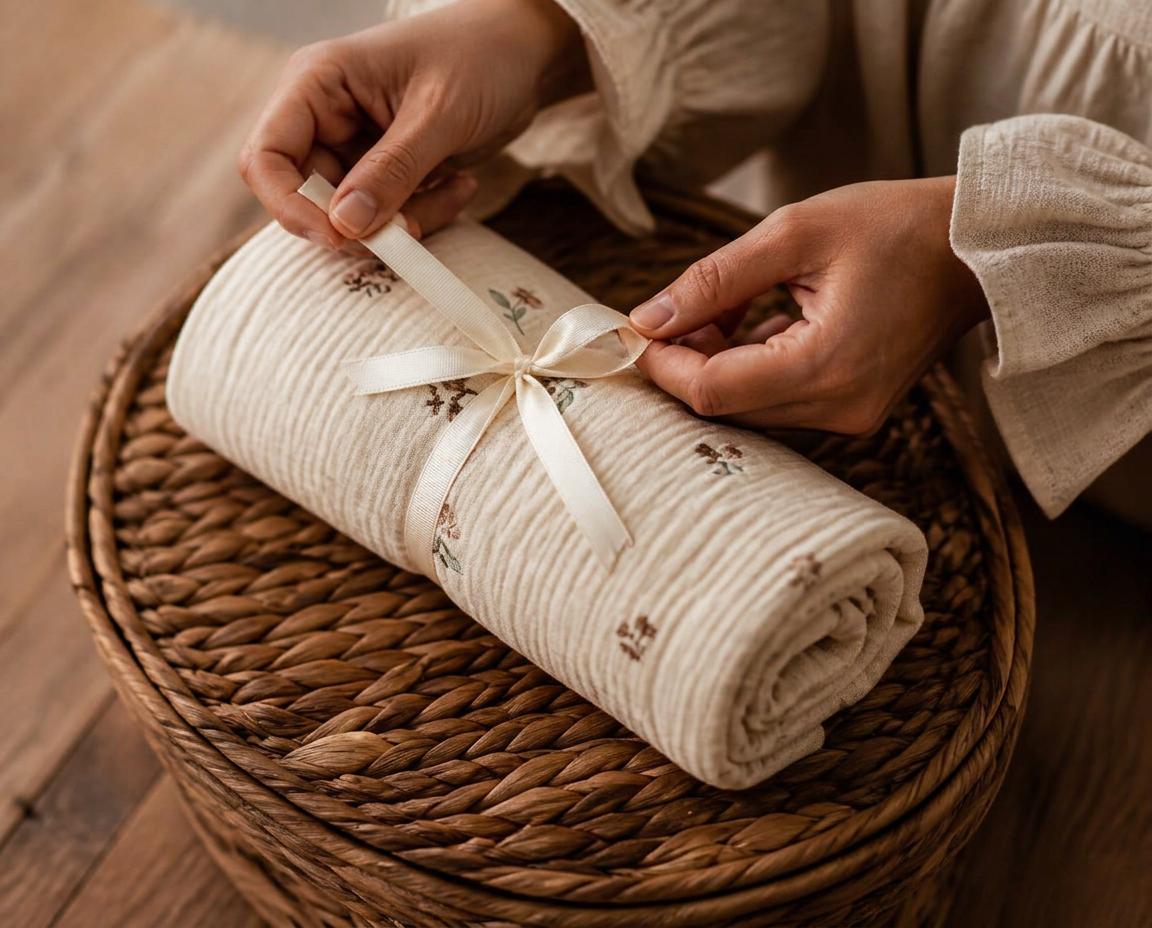Hands tying an ivory ribbon around a rolled cream blanket in a gift box