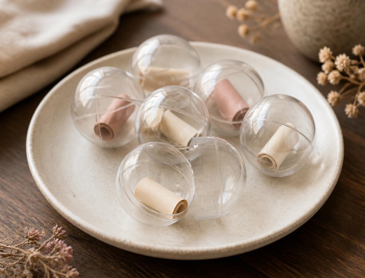 Cream stoneware plate holding clear gumball-machine capsules, one opened to reveal a paper slip