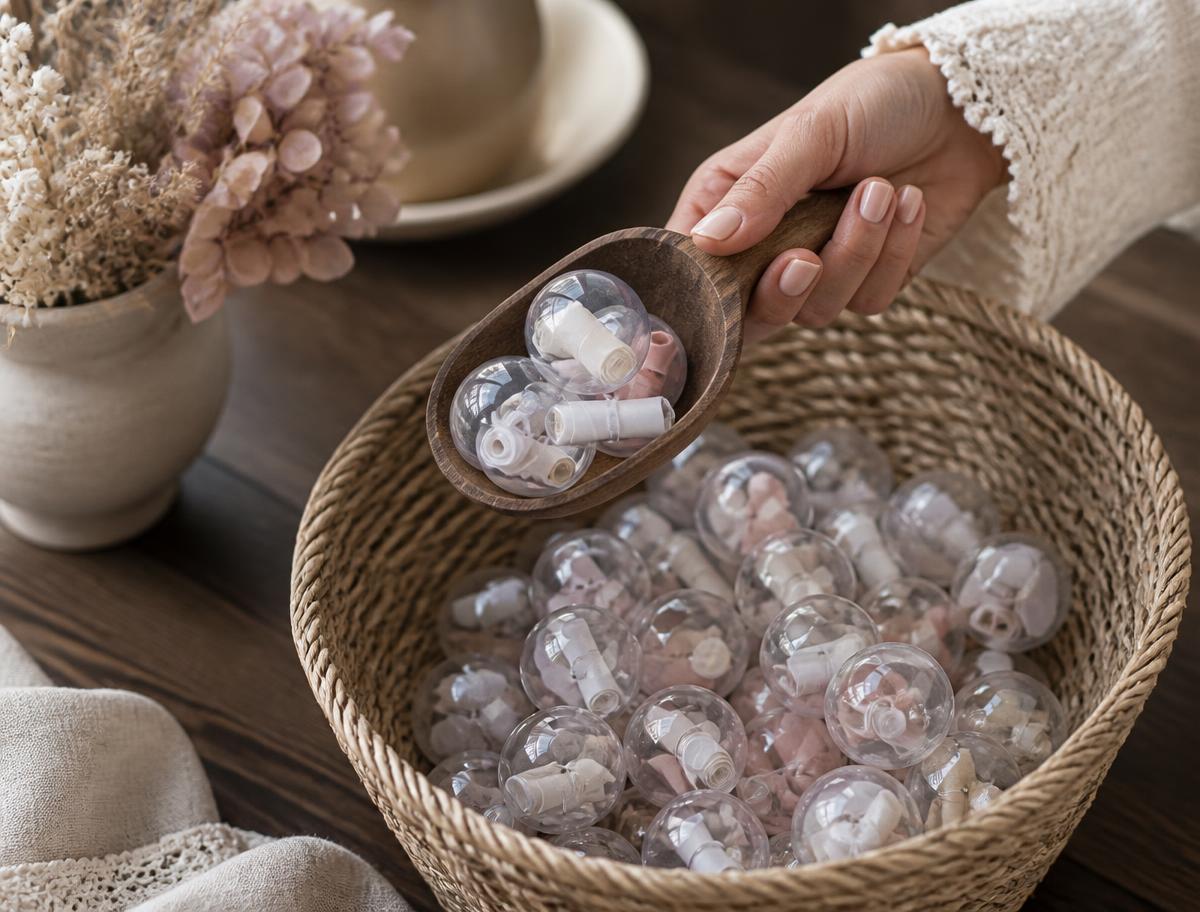 A hand lifting clear gumball-machine capsules out of the basket with a wooden scoop
